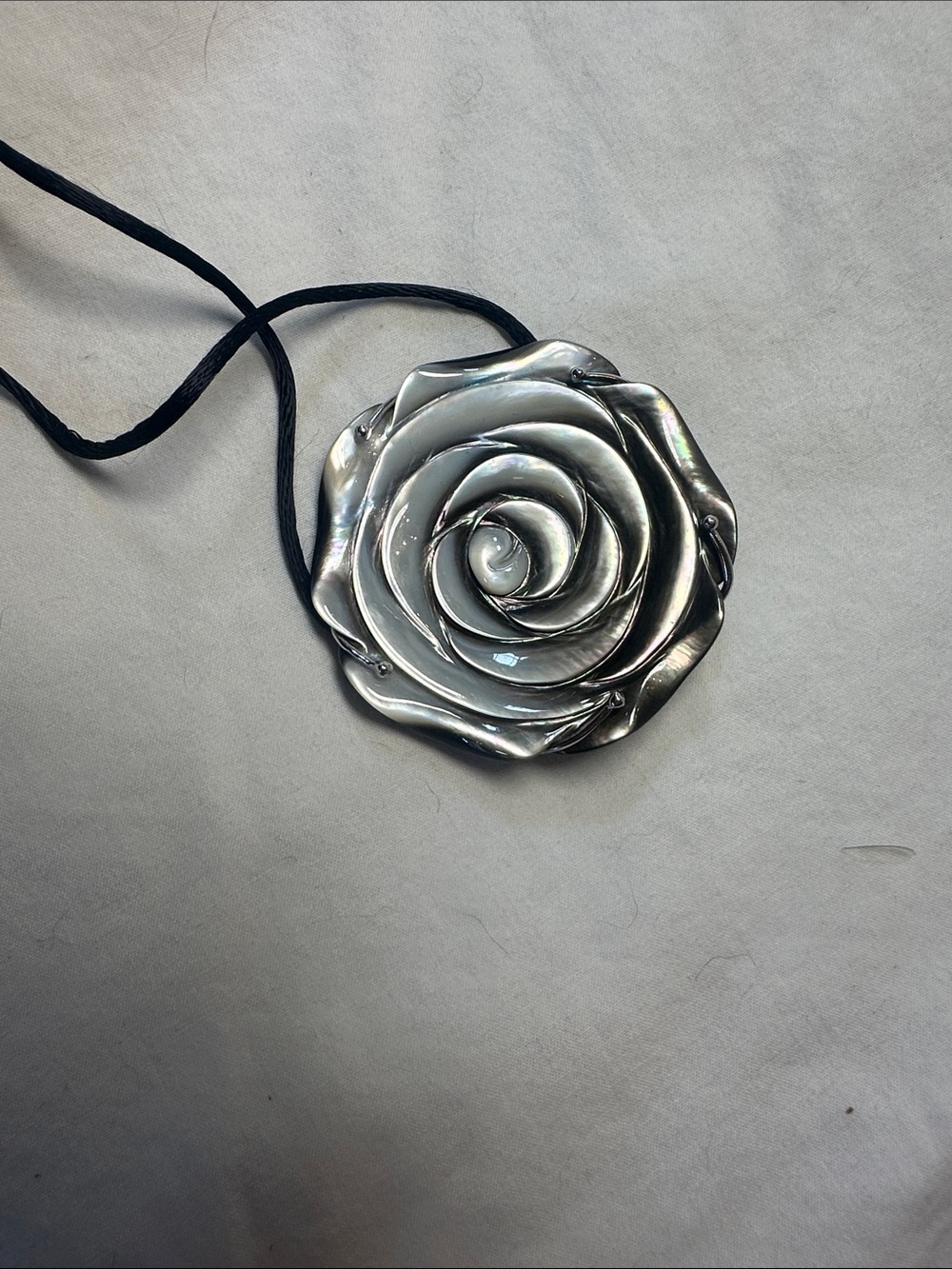 Silver Rose Pendant Necklace on Black Cord